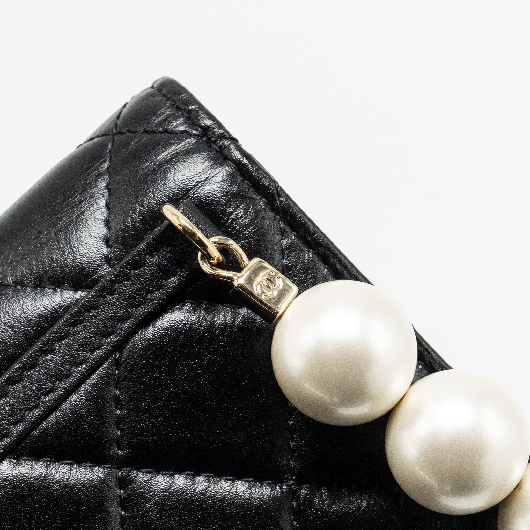 Chanel CC Logo Clutch with Giant Pearl Chain Lambskin Black L