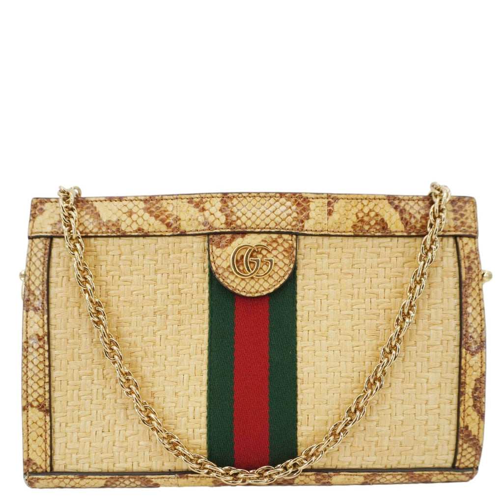 GUCCI Ophidia Small Raffia Elaphe Chain Shoulder Bag Beige 503877