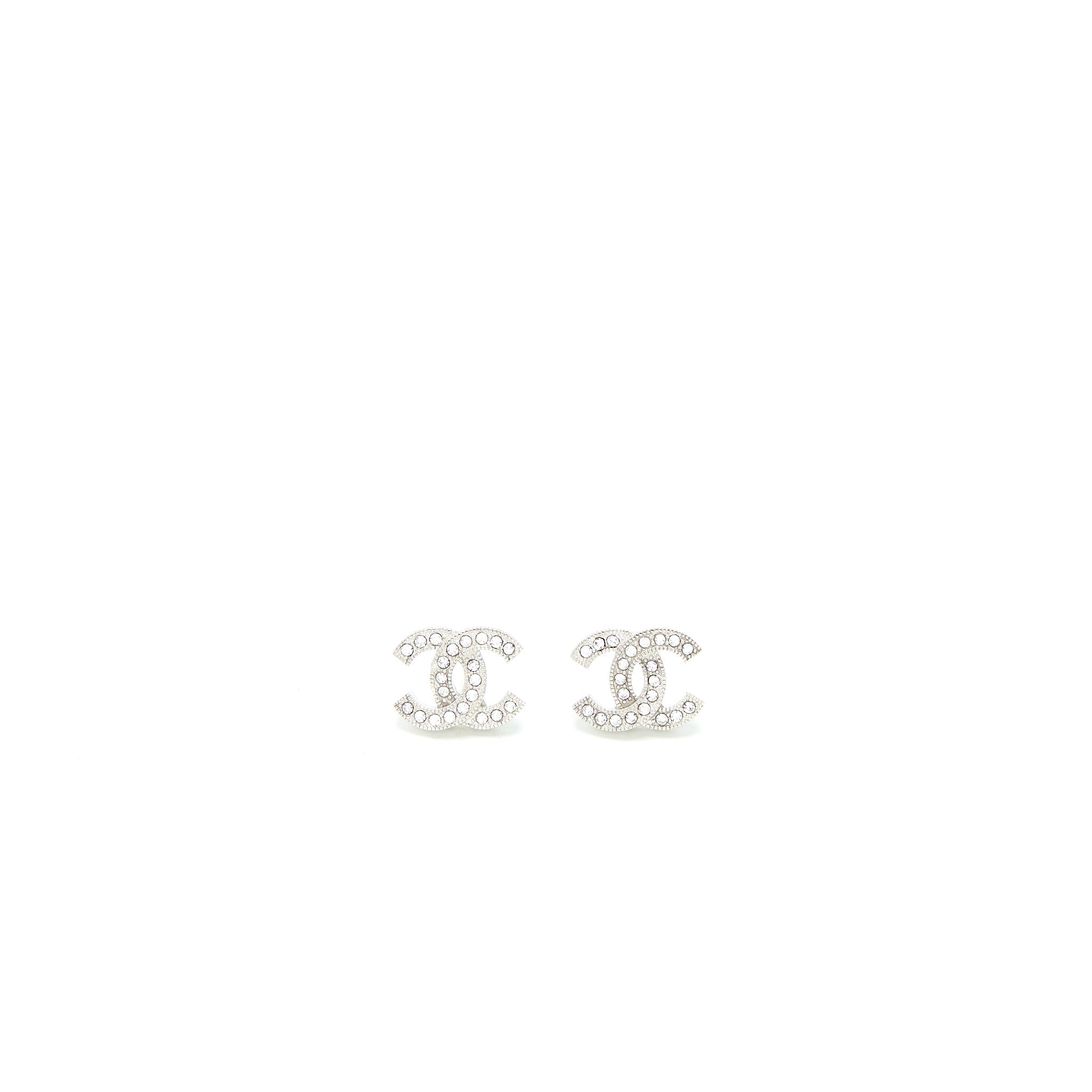 Chanel CC Logo Earrings Crystal Silver Tone