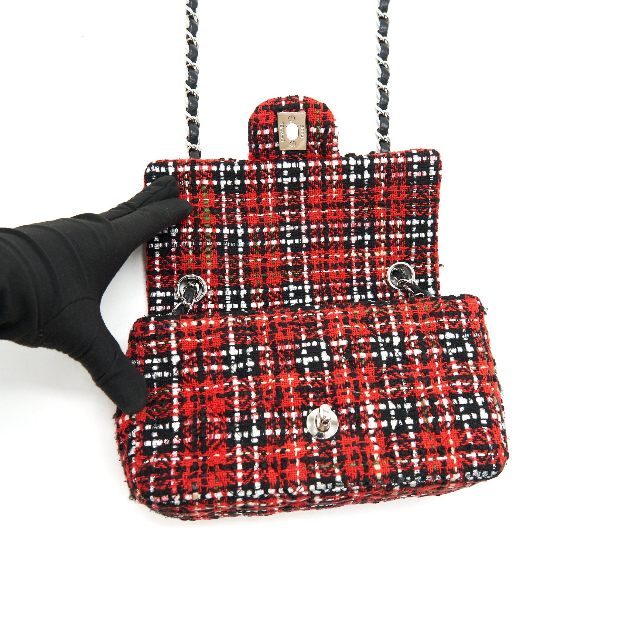 CHANEL SMALL RECTANGULAR RED BLACK TWEED IN