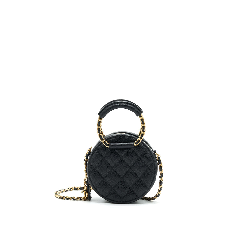 Chanel Top Handle Caviar Round Clutch with Chain Black