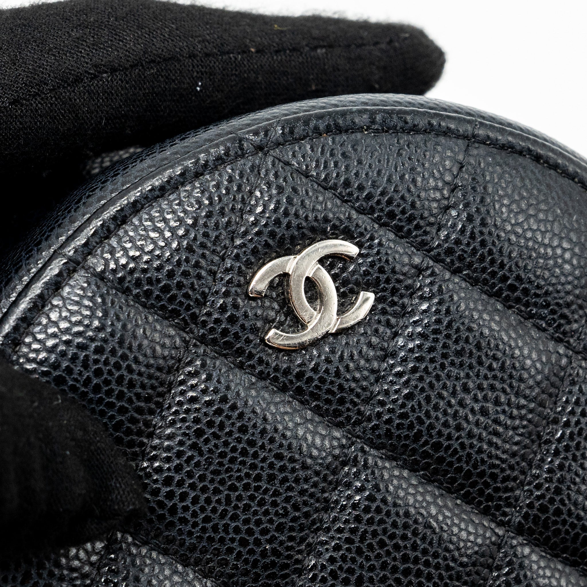 Chanel round sip clutch with chain caviar black