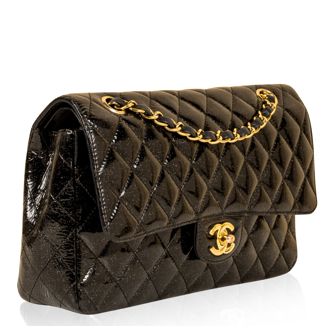 Chanel Classic Flap Bag - Medium - Patent Black Glitter