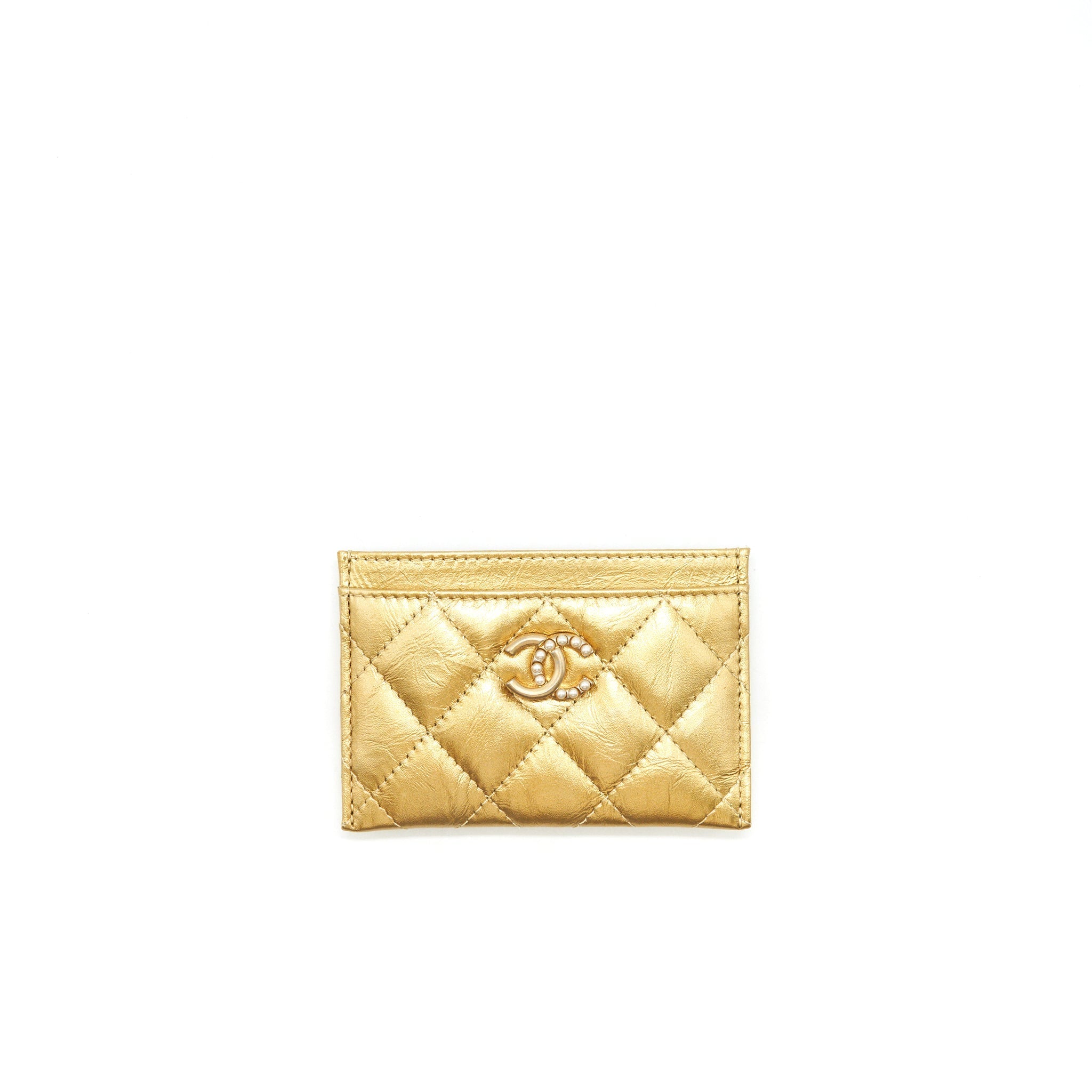 Chanel Quilted  Holder Lambskin Gold Colour with Gold and Pearl CC Logo
