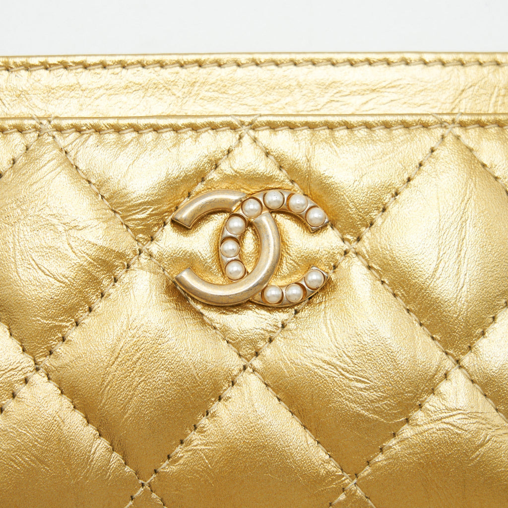 Chanel Quilted  Holder Lambskin Gold Colour with Gold and Pearl CC Logo