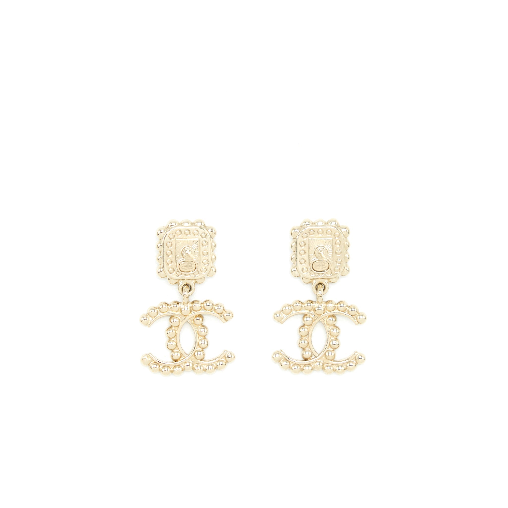 Chanel Crystal CC Drop Earrings With Pink Stud L