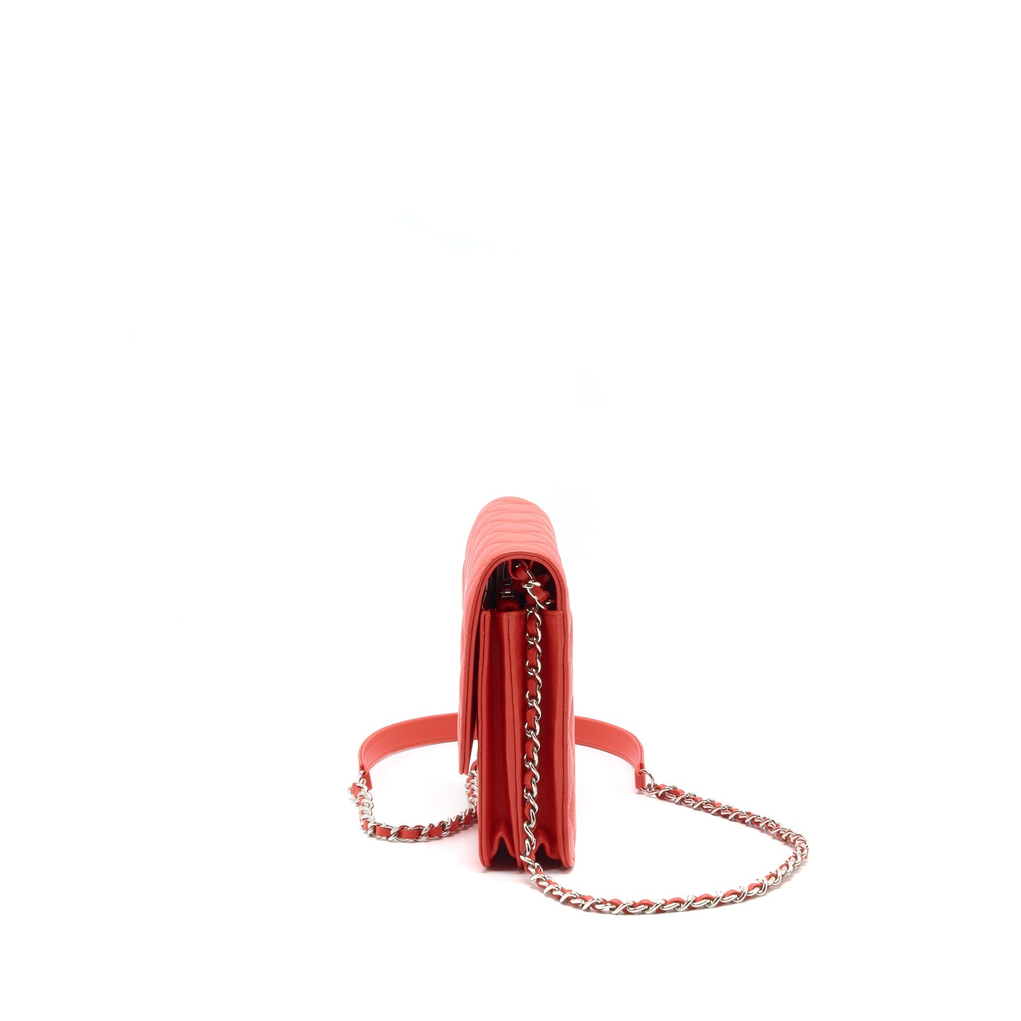 Chanel Square Wallet On Chain Coral Red Lambskin