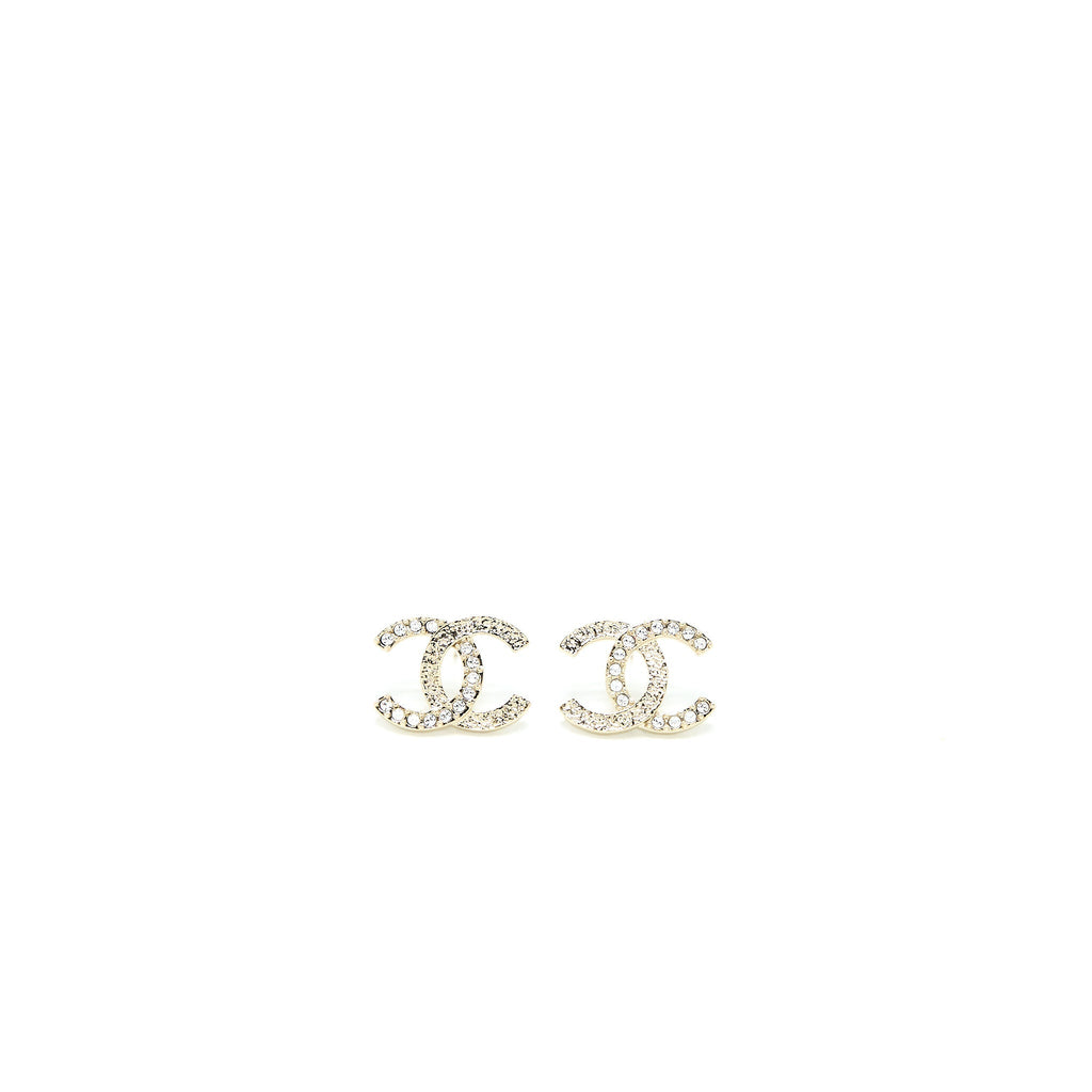 Chanel 23P CC Logo Earrings Large Model Crystal Light Gold Tone