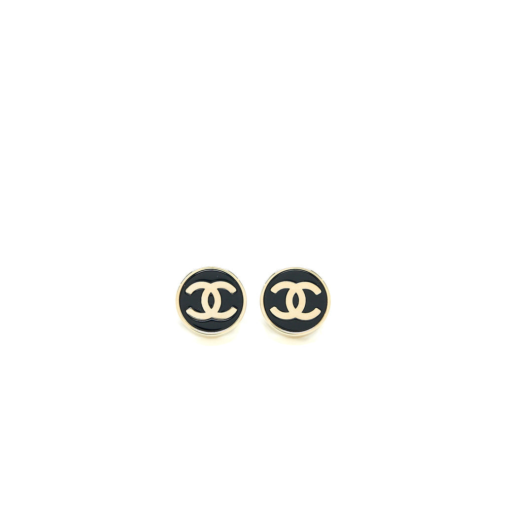 Chanel Round and CC Logo Earrings Black/Light Gold Tone