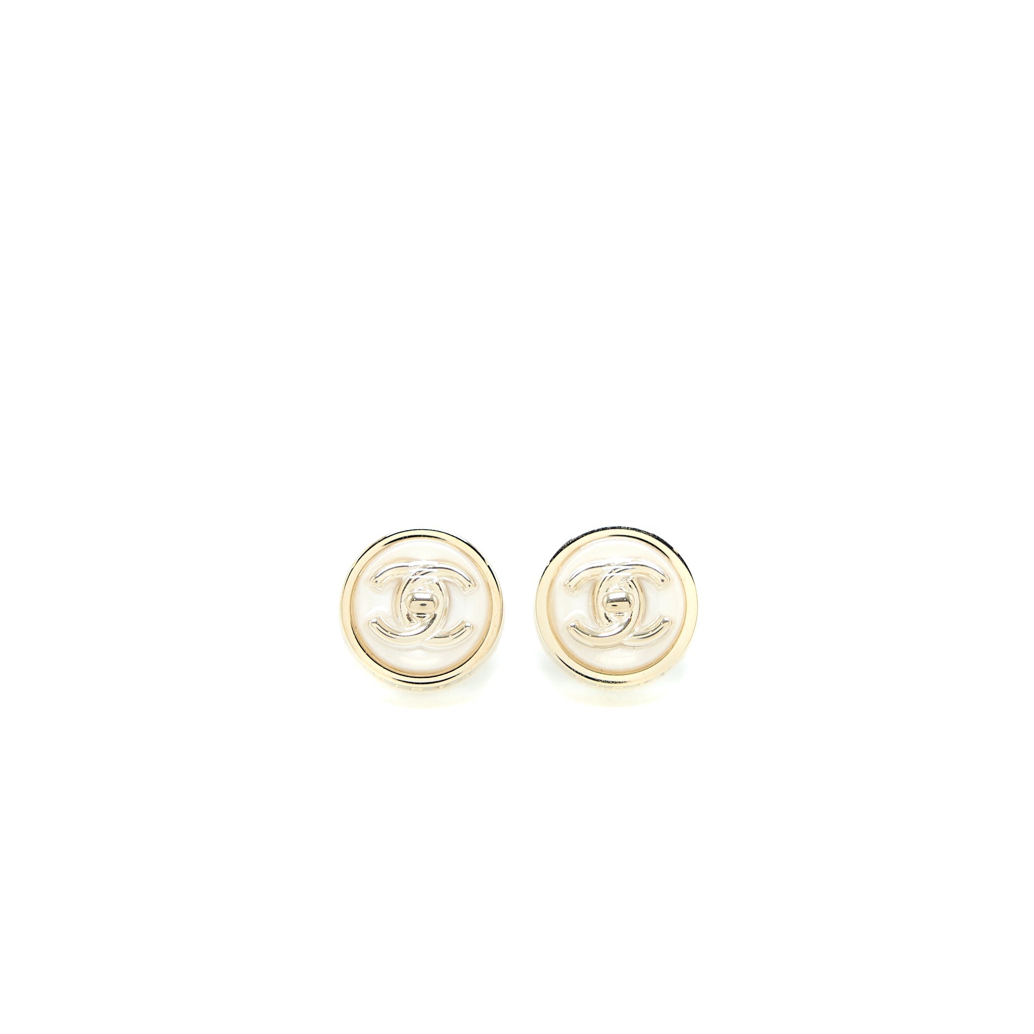 Chanel Round with CC Logo Earrings White/Light Gold Tone