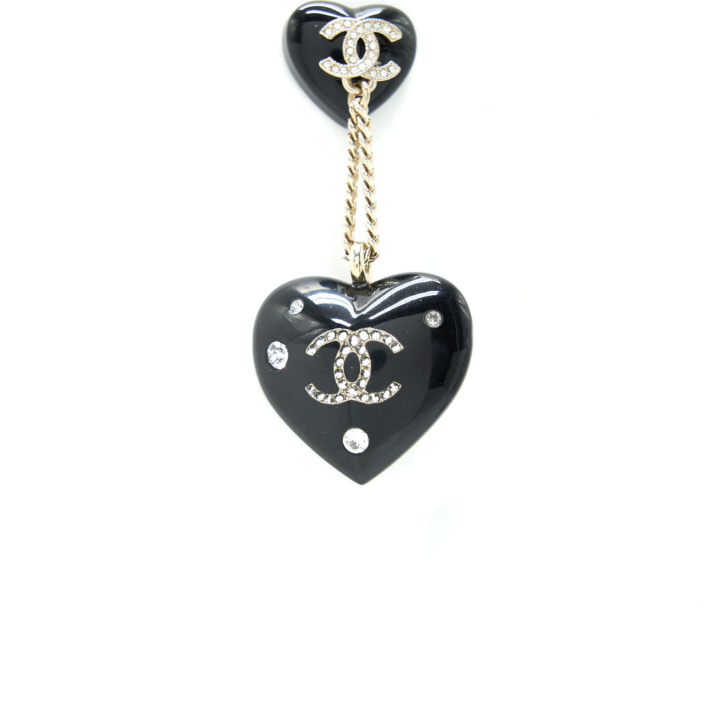 Chanel Double Heart Drop Earrings Crystal Black Silver Tone