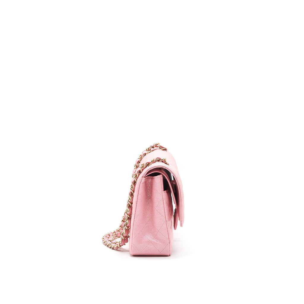 Chanel Iridescent Pearly Pink Medium Classic Double Flap Bag Caviar with L