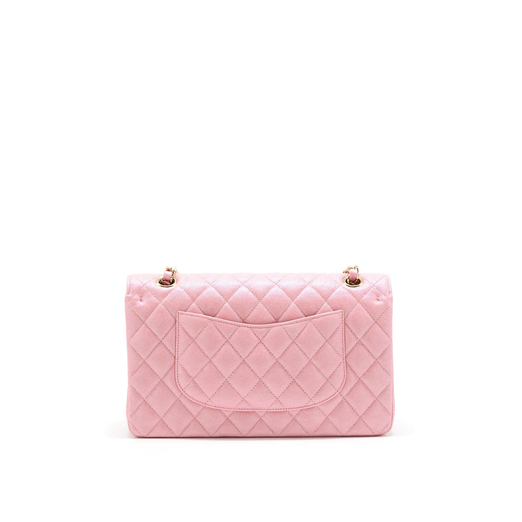 Chanel Iridescent Pearly Pink Medium Classic Double Flap Bag Caviar with L