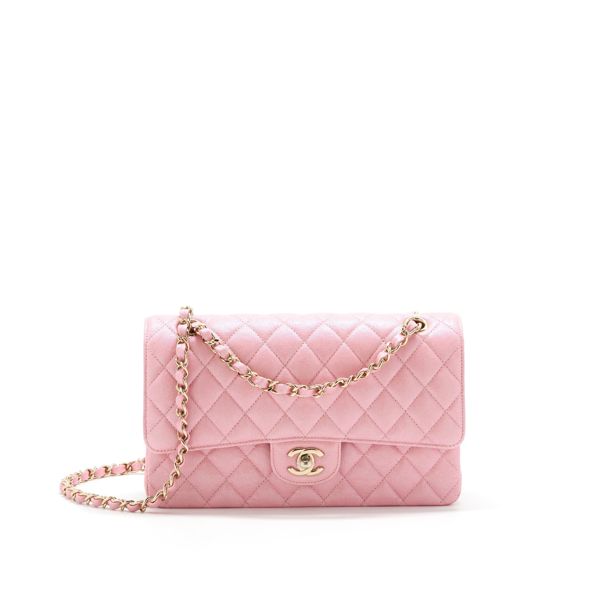 Chanel Iridescent Pearly Pink Medium Classic Double Flap Bag Caviar with L