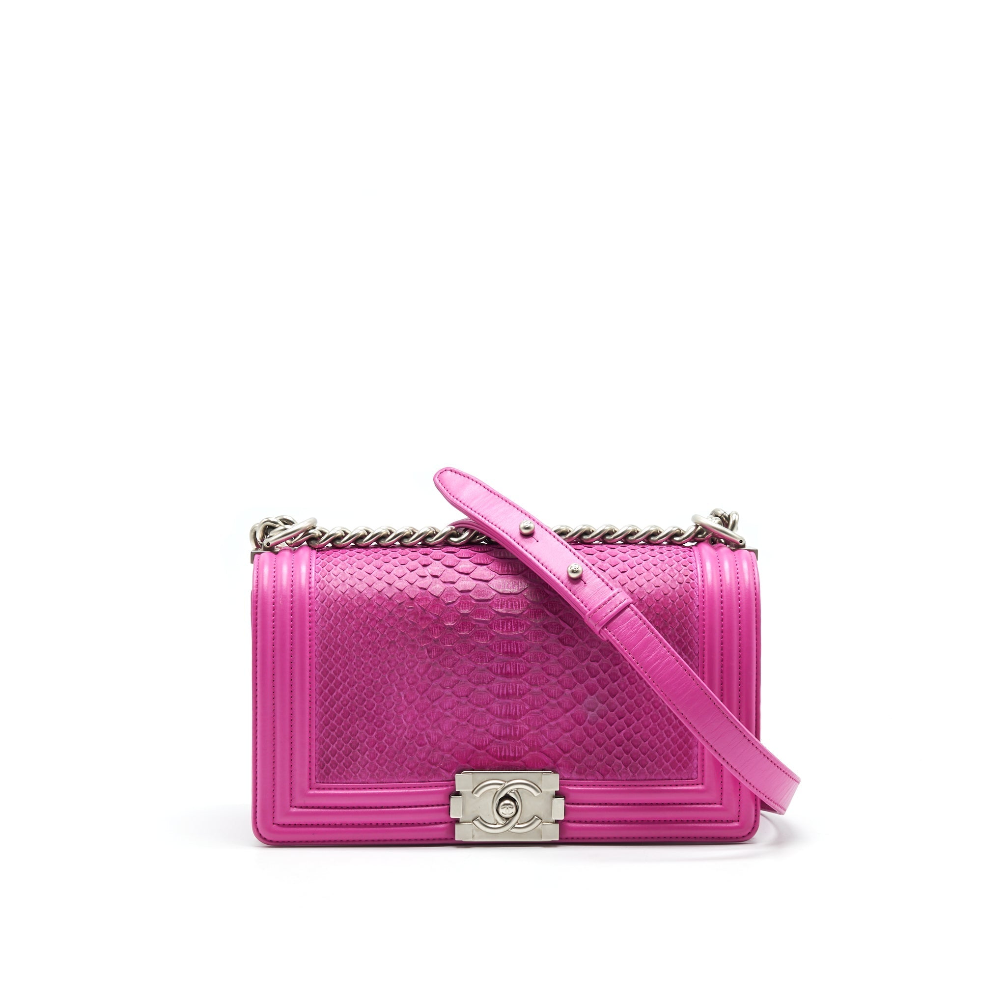 Chanel Medium Le Boy Flap Bag in Python Leather Pink with Brushed