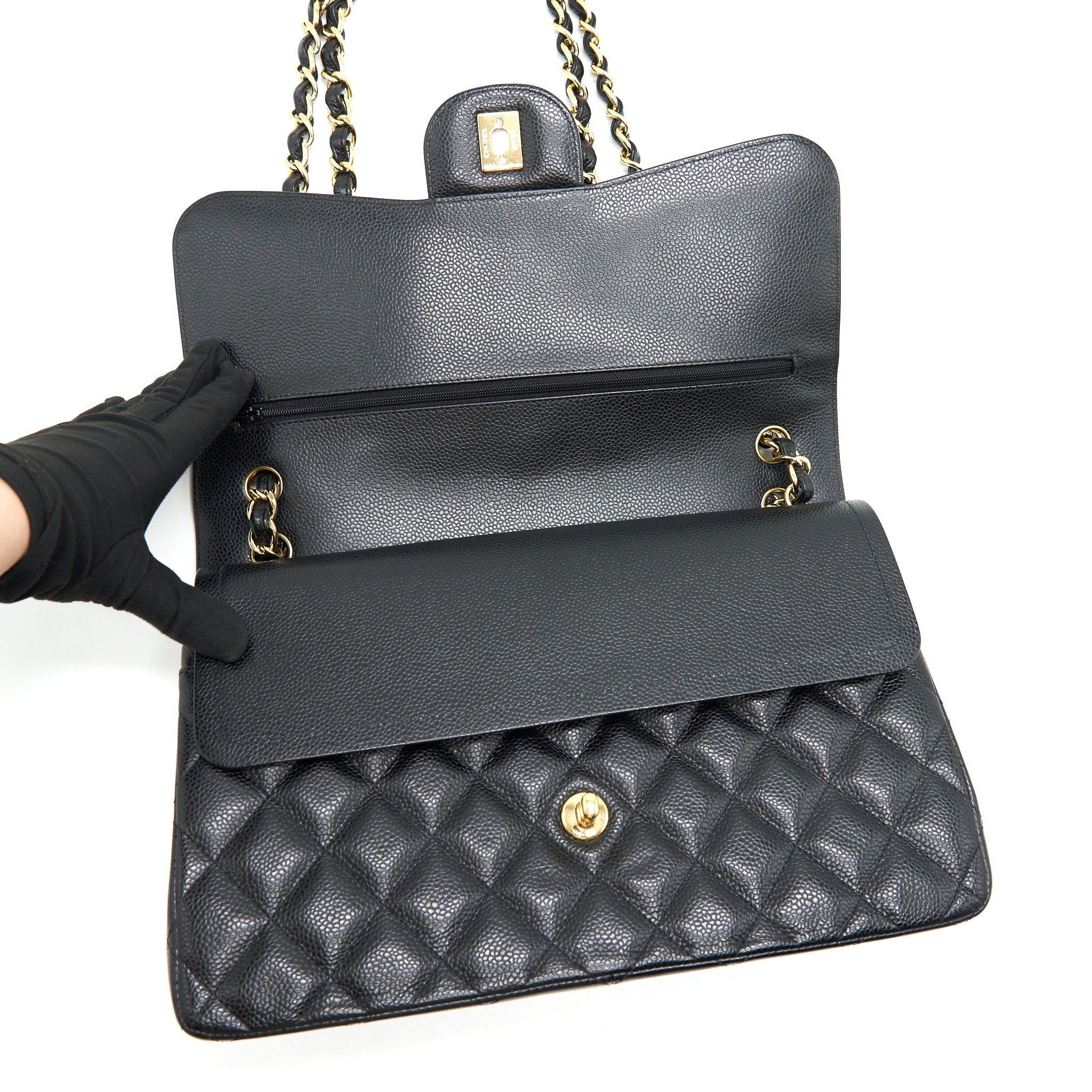 CHANEL CLASSIC JUMBO DOUBLE FLAP BAG BLACK CAVIER