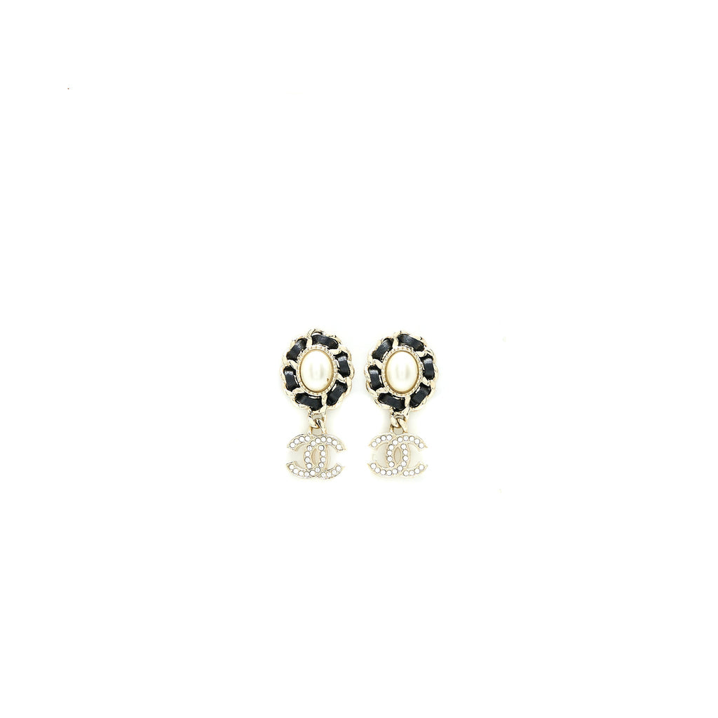 Chanel Crystal CC Logo Drop Earrings Leather Pearl Light Gold Tone
