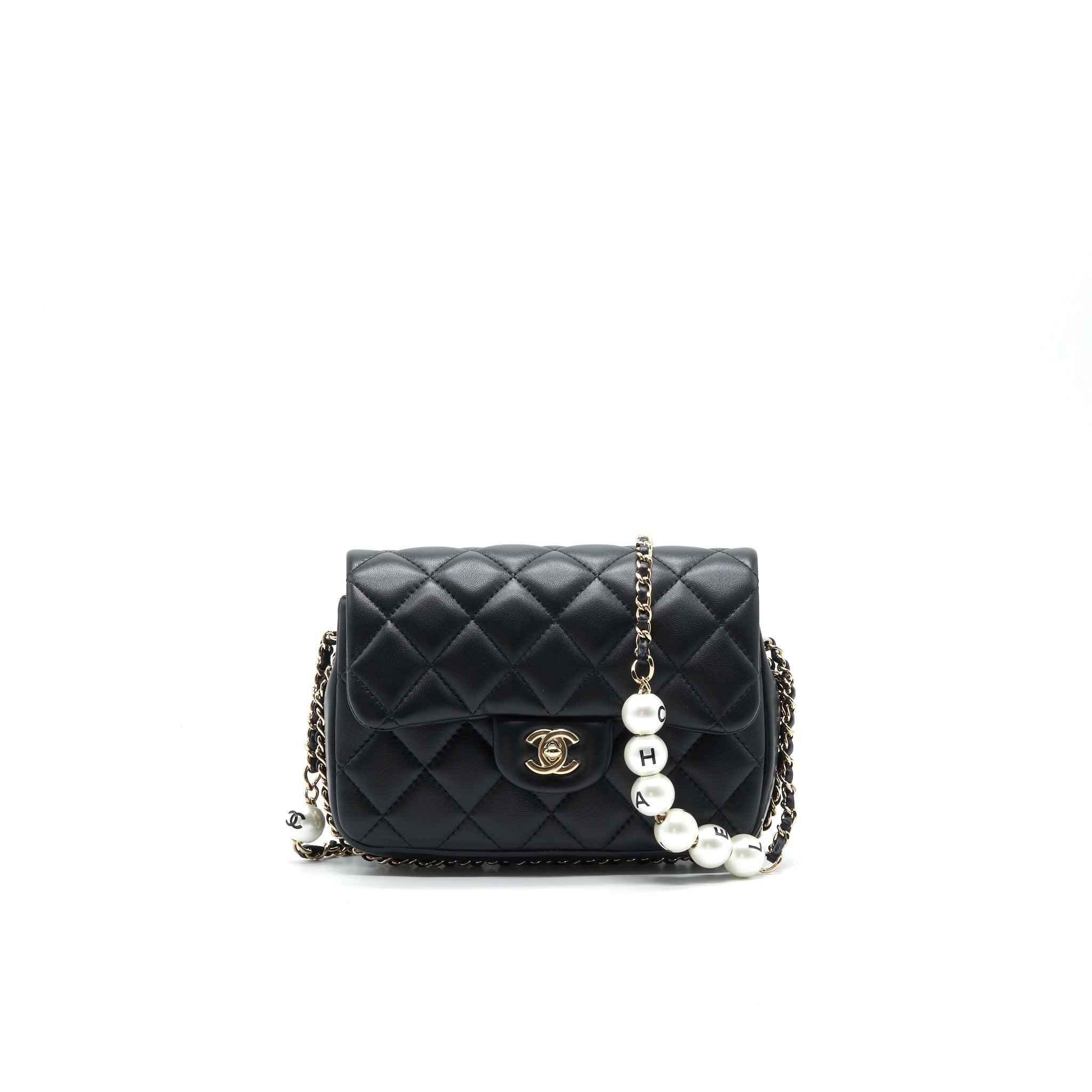 Chanel Logo Pearl Chain Mini Flap Bag