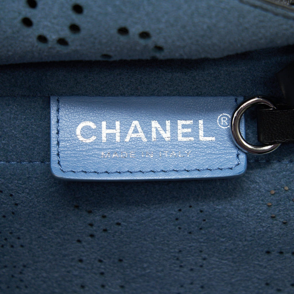 Chanel Eyelet Logo Calfskin Tote Bag Black/ Blue