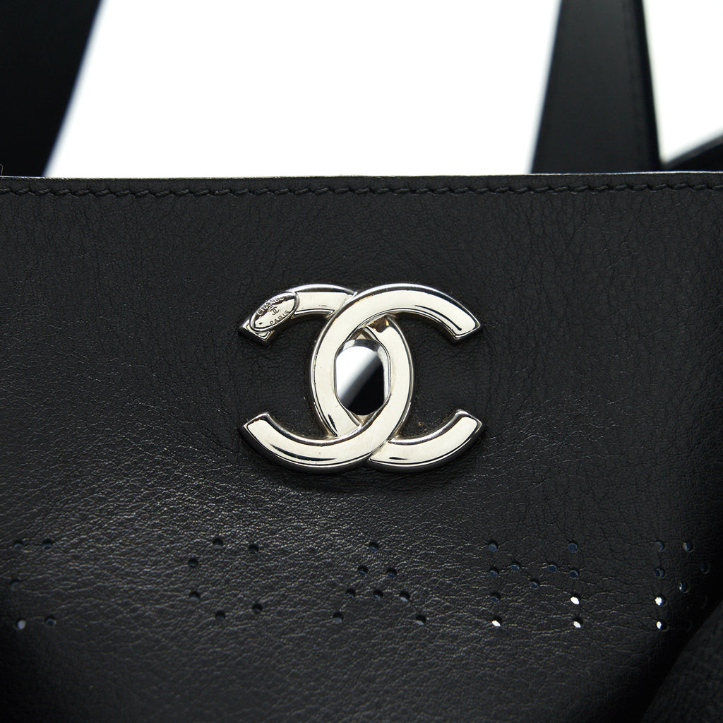Chanel Eyelet Logo Calfskin Tote Bag Black/ Blue
