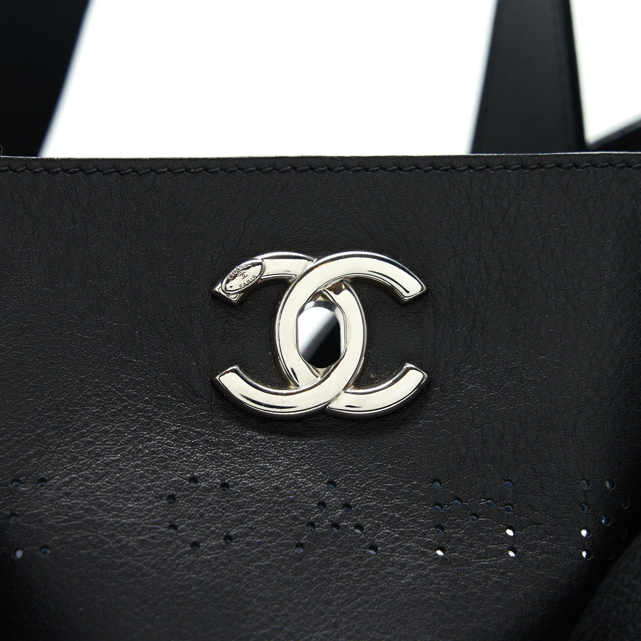 Chanel Eyelet Logo Calfskin Tote Bag Black/ Blue
