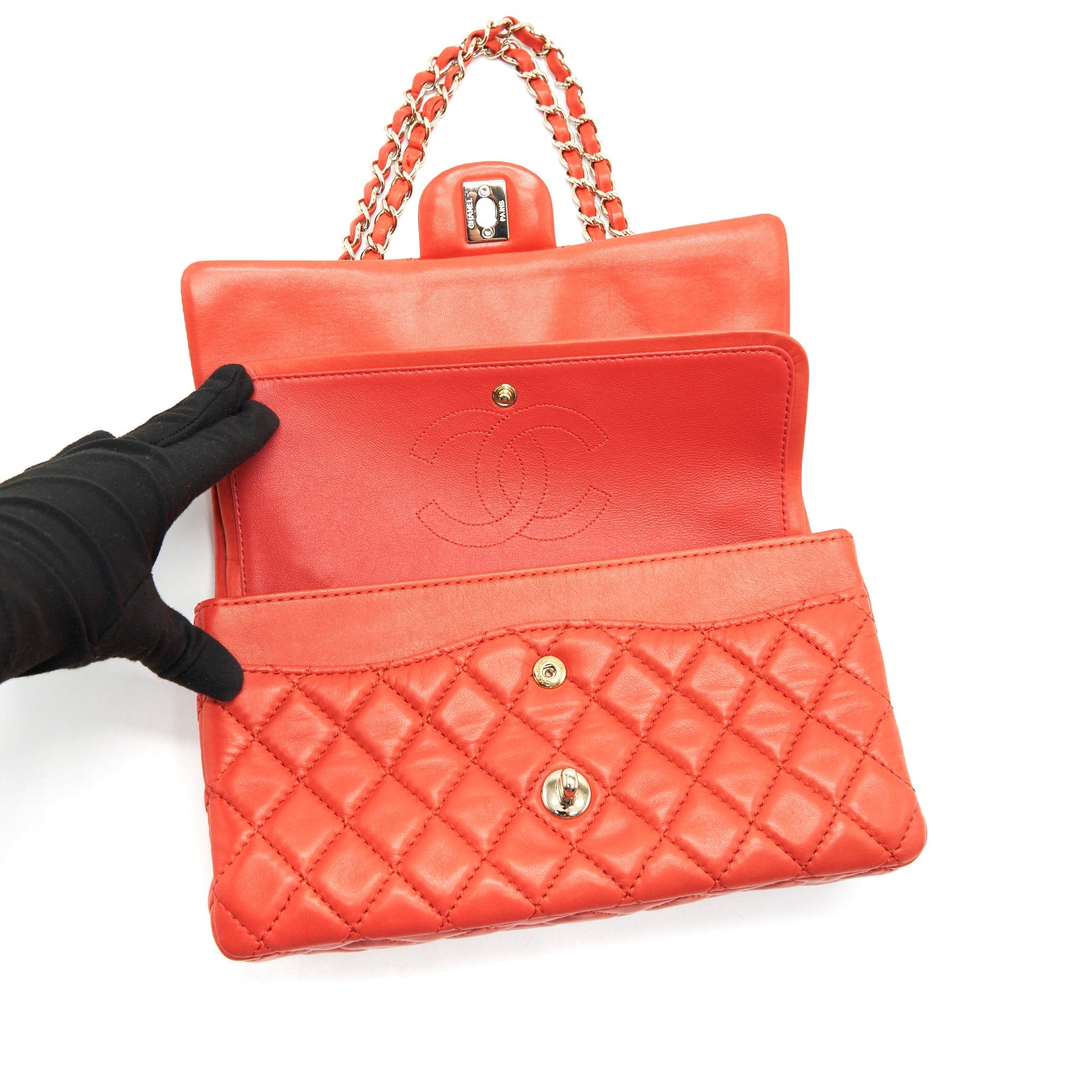 CHANEL CLASSIC MEDIUM DOUBLE FLAP LAMBSKIN IN CORAL L