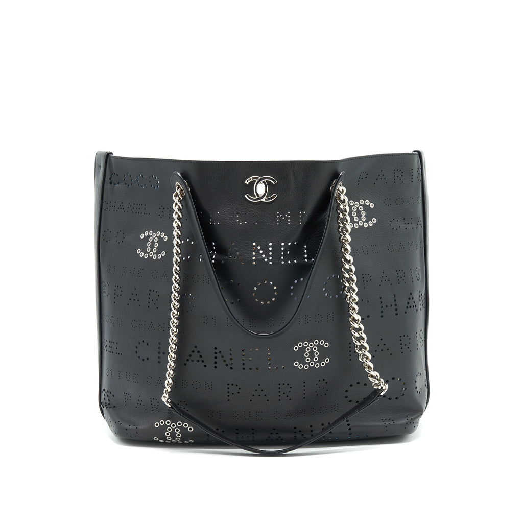 Chanel Eyelet Logo Calfskin Tote Bag Black/ Blue