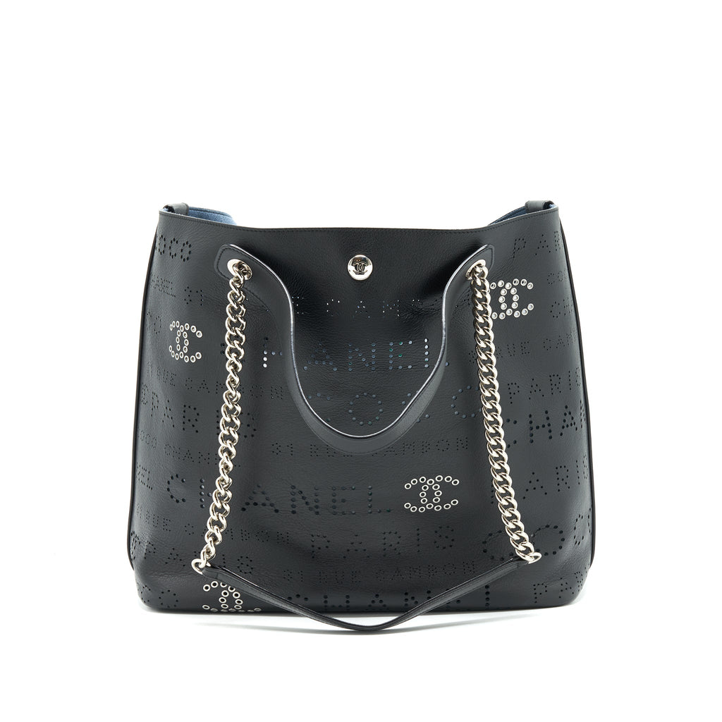 Chanel Eyelet Logo Calfskin Tote Bag Black/ Blue