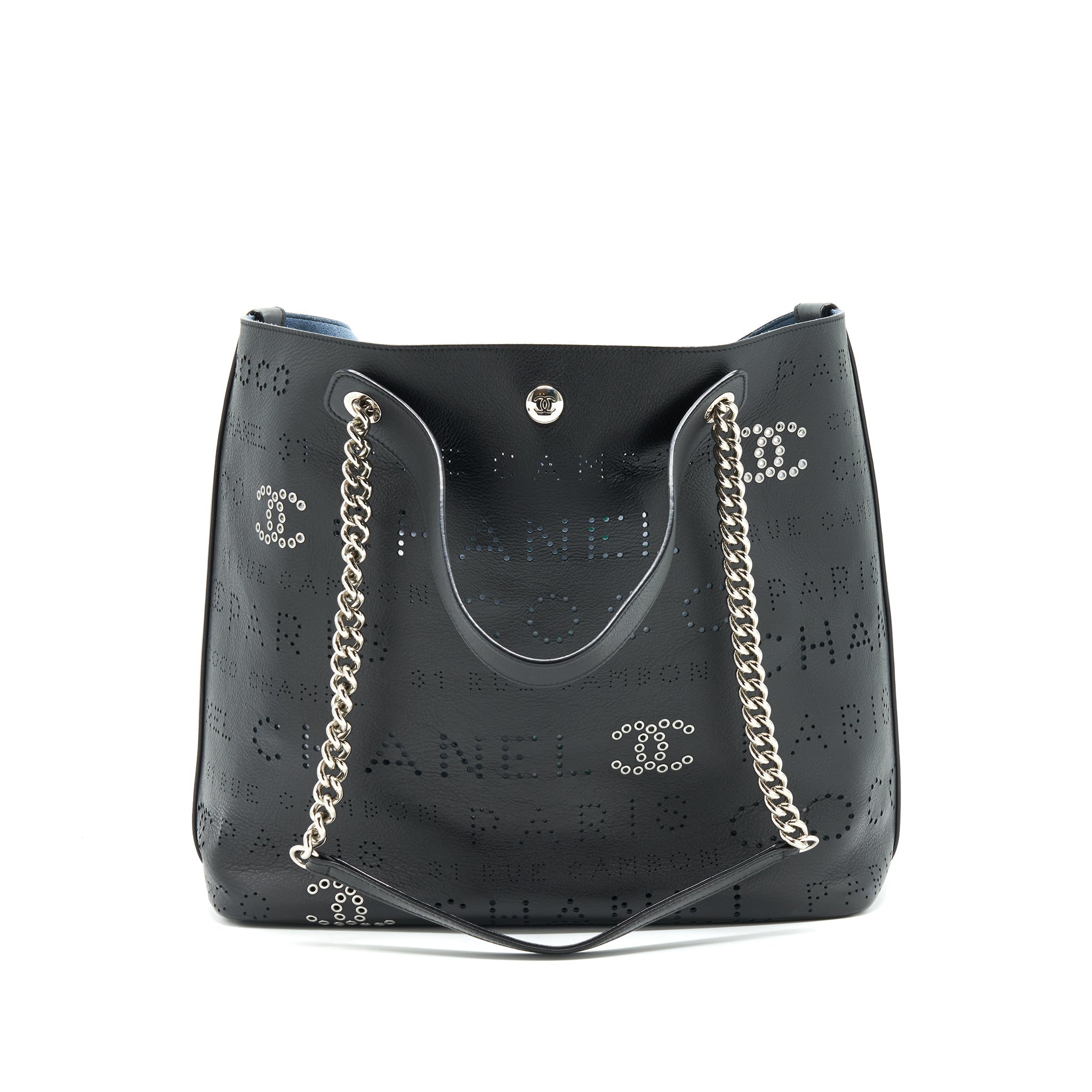 Chanel Eyelet Logo Calfskin Tote Bag Black/ Blue