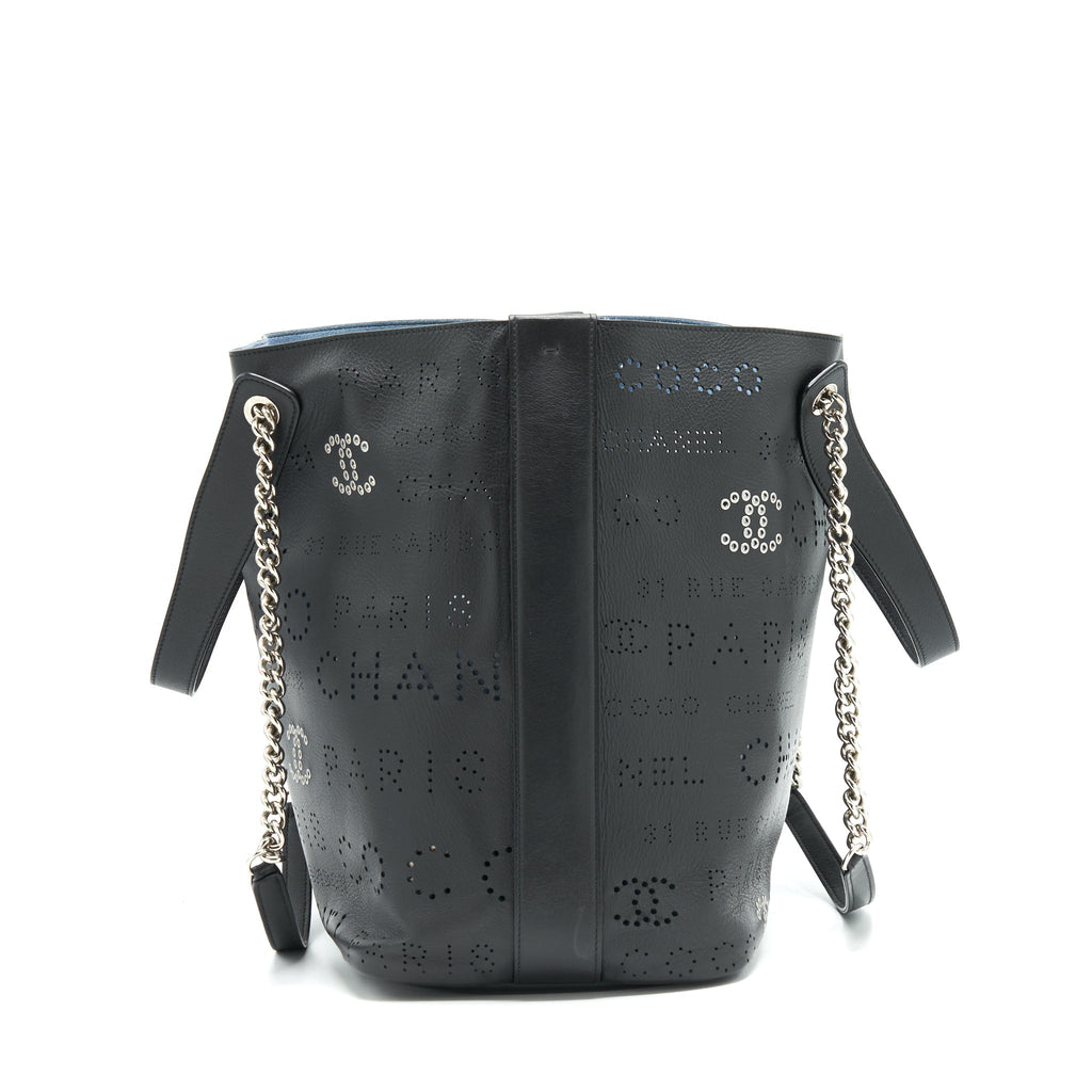 Chanel Eyelet Logo Calfskin Tote Bag Black/ Blue