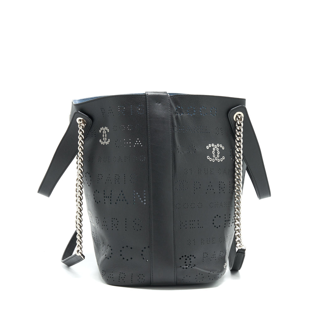 Chanel Eyelet Logo Calfskin Tote Bag Black/ Blue