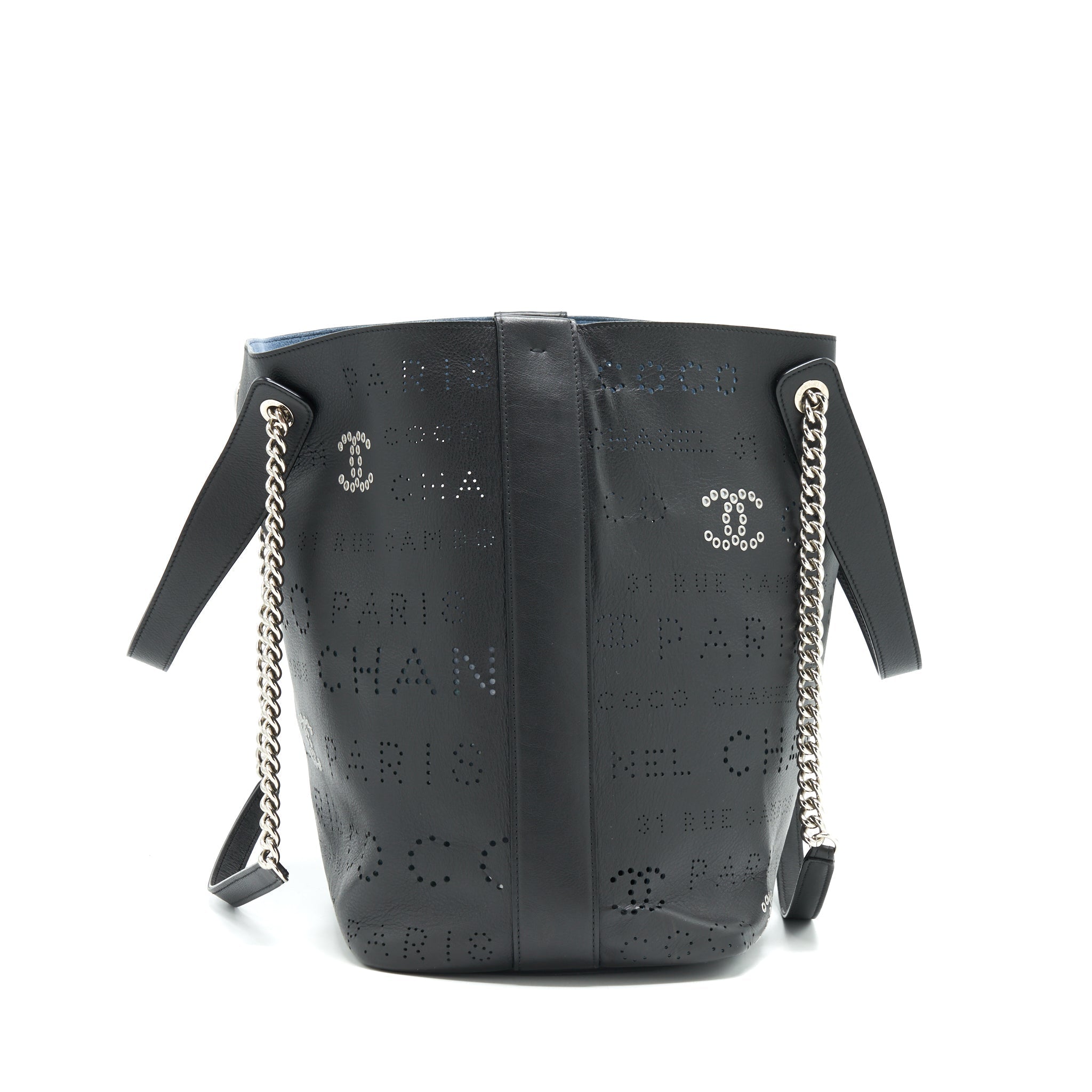 Chanel Eyelet Logo Calfskin Tote Bag Black/ Blue