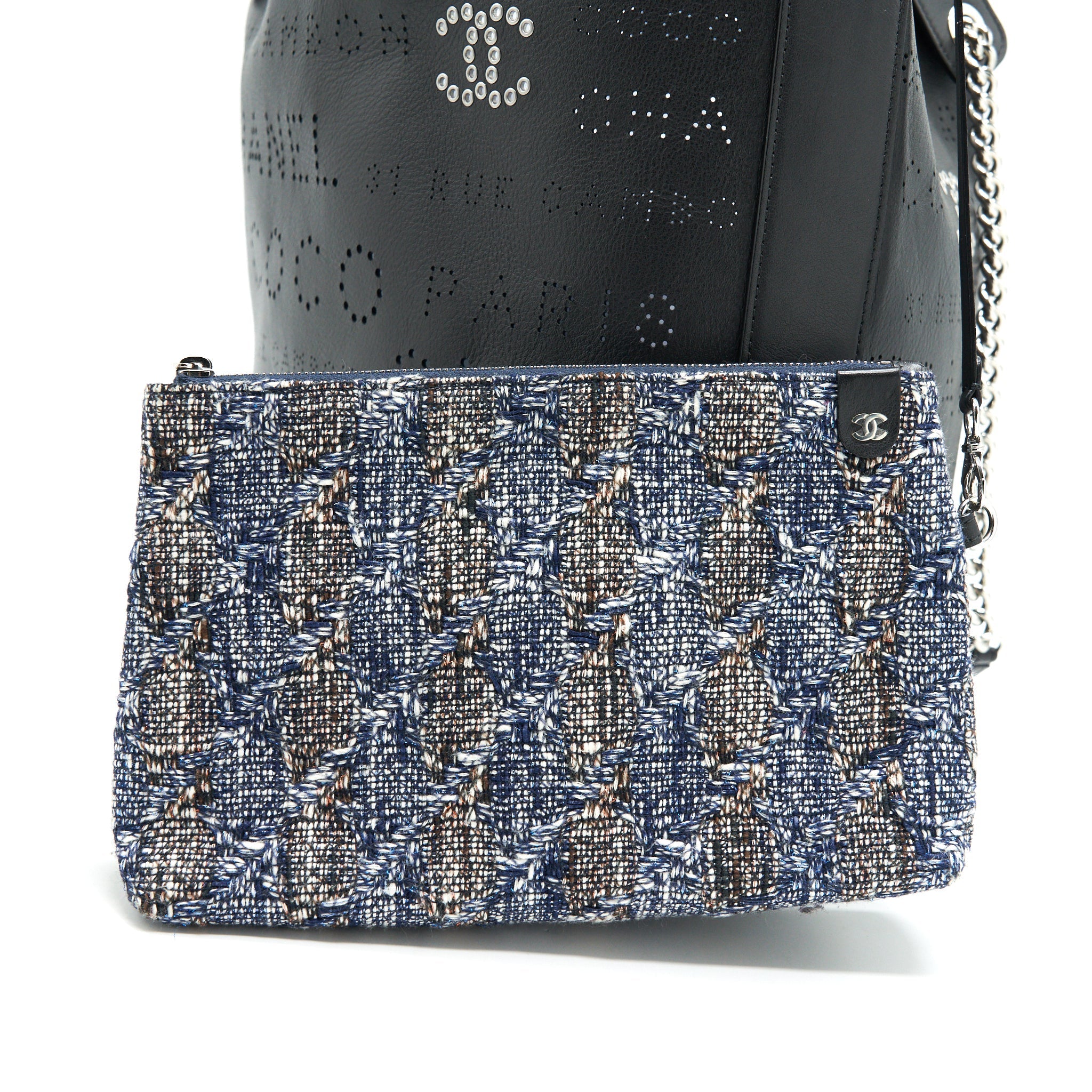 Chanel Eyelet Logo Calfskin Tote Bag Black/ Blue