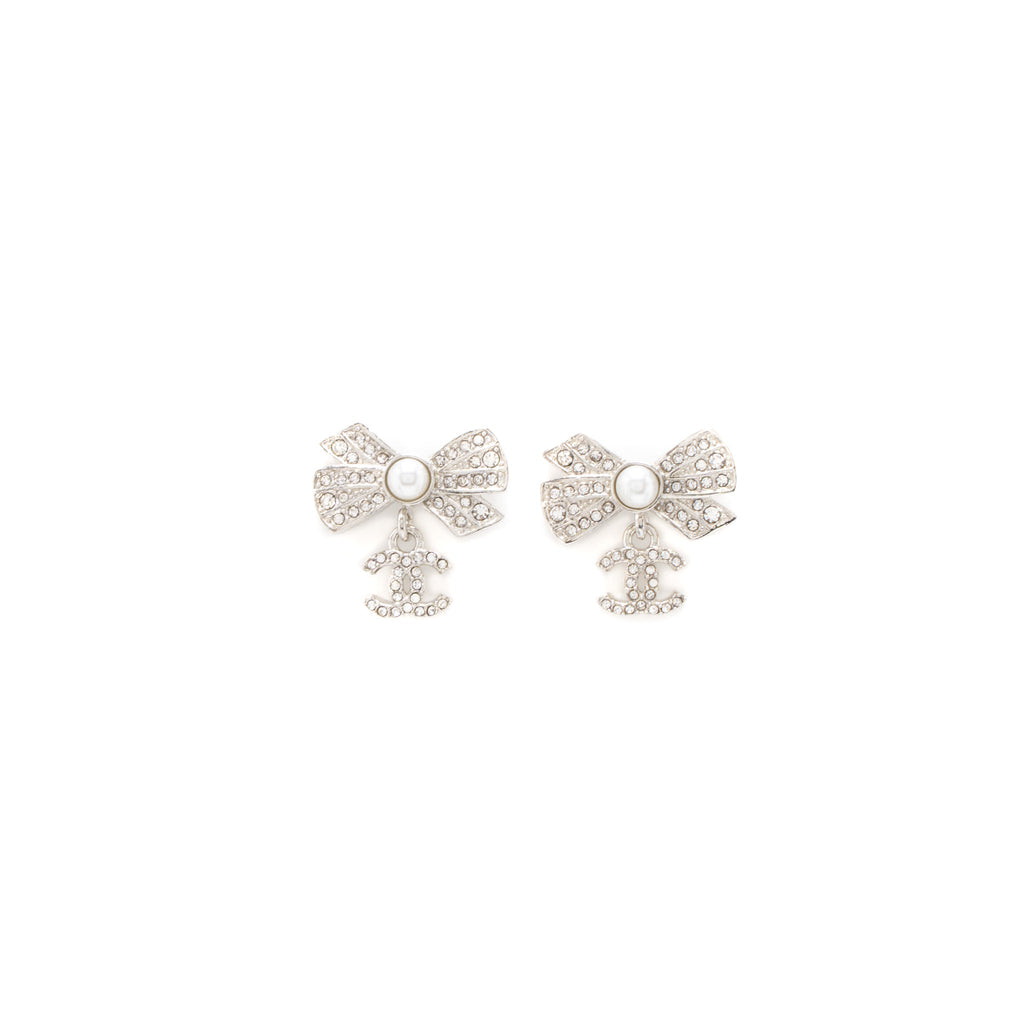 Chanel Bow/CC Logo Drop Earrings Crystal/Pearl Silver Tone