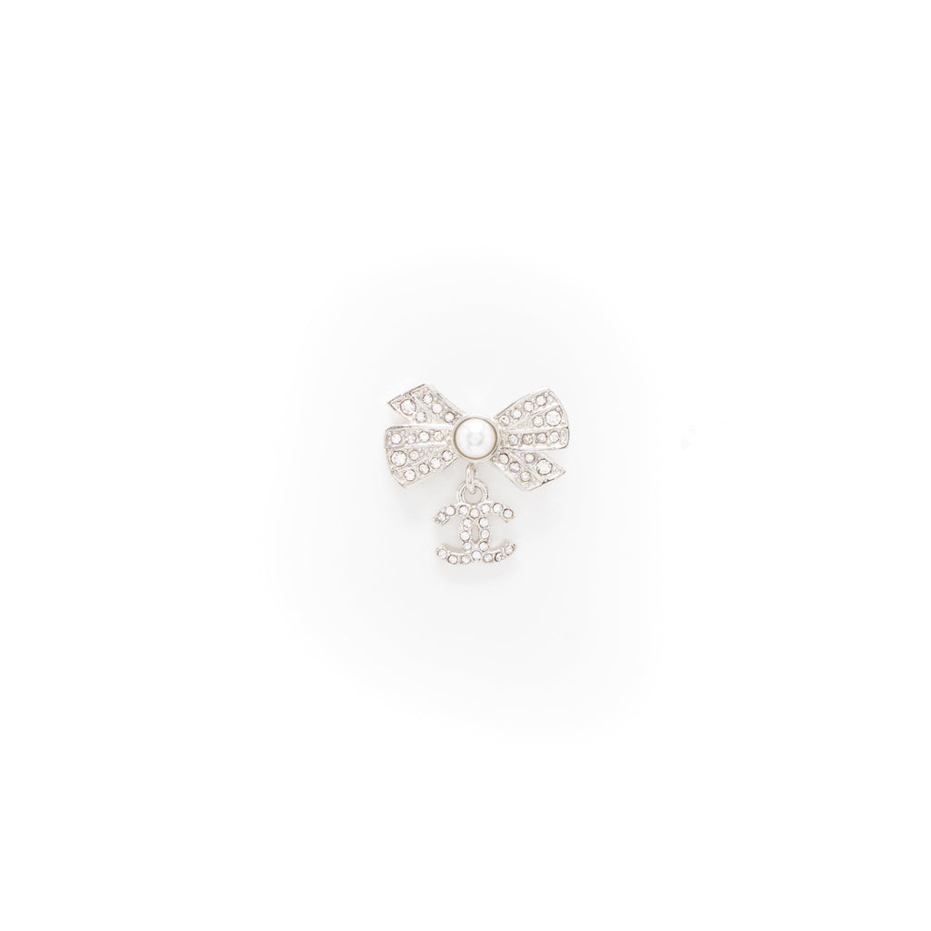 Chanel Bow/CC Logo Drop Earrings Crystal/Pearl Silver Tone