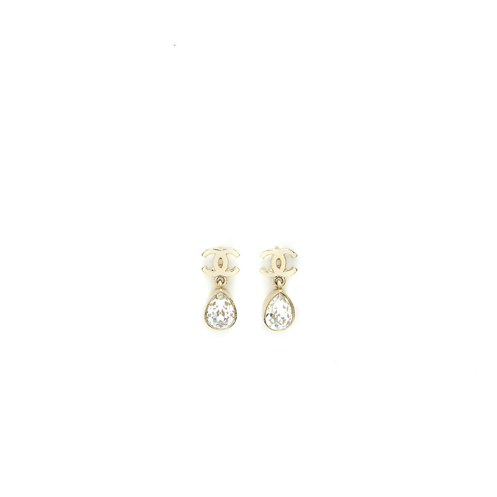 Chanel CC Logo Drop Earrings Crystal Light Gold Tone