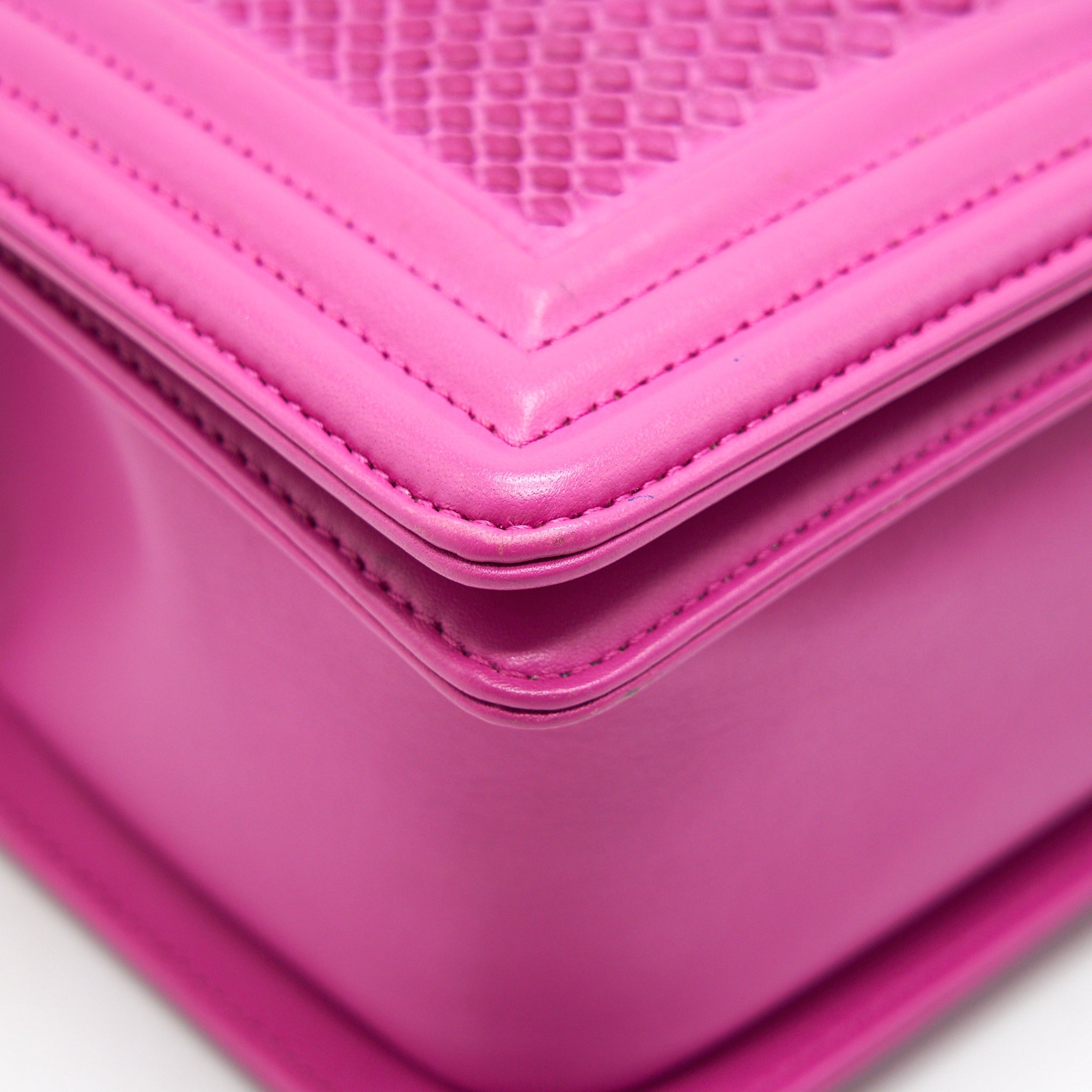 Chanel Medium Le Boy Flap Bag in Python Leather Pink with Brushed