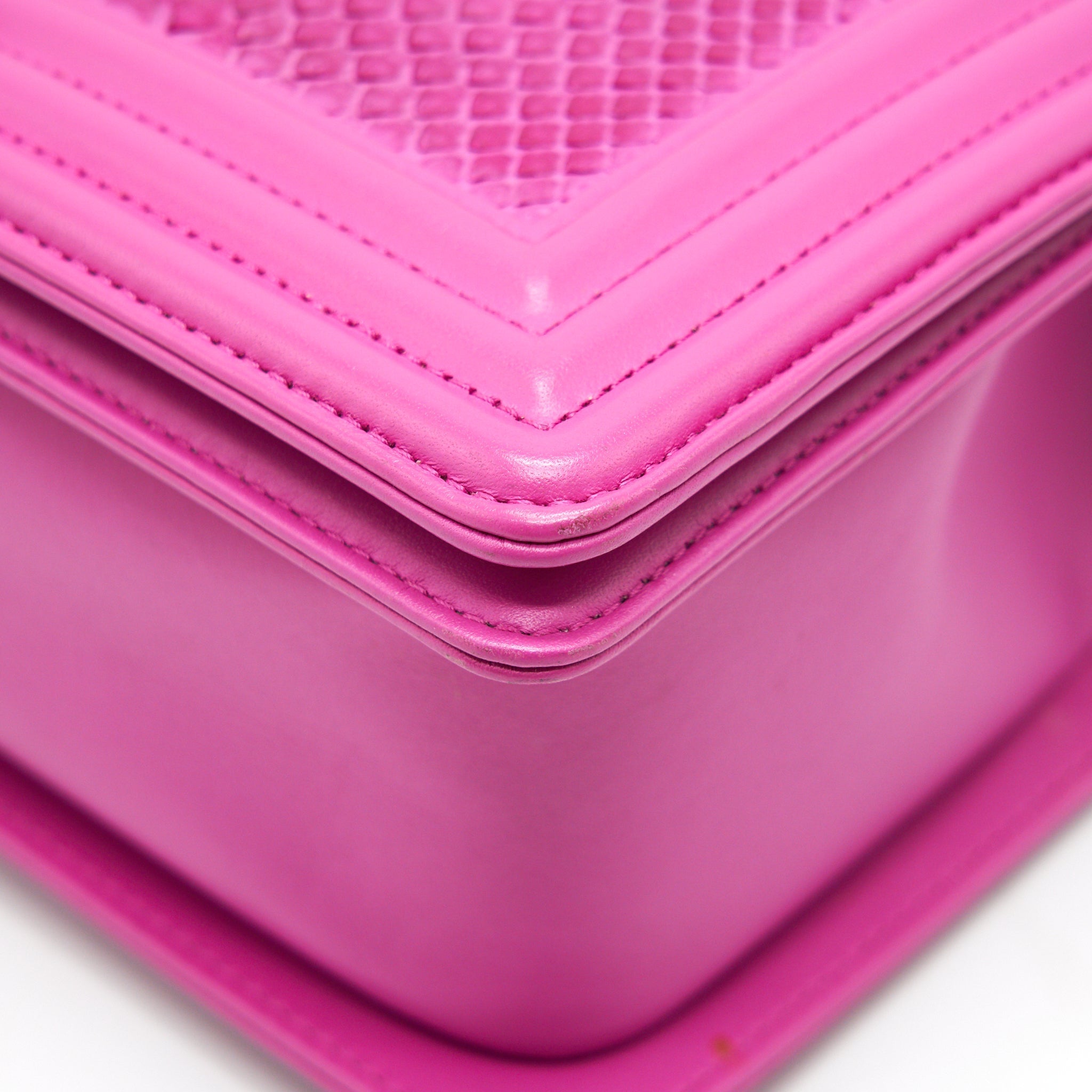 Chanel Medium Le Boy Flap Bag in Python Leather Pink with Brushed