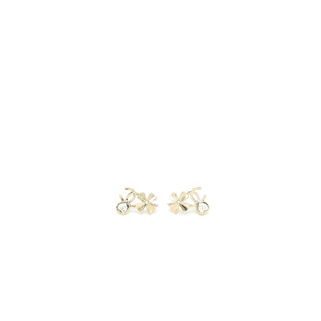 Chanel 22S CC Logo Flower Earrings Crystal Light Gold Tone