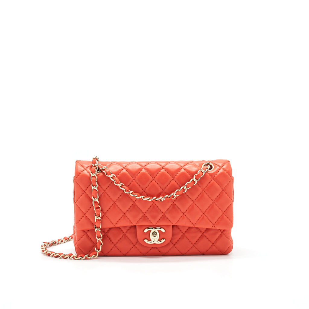 CHANEL CLASSIC MEDIUM DOUBLE FLAP LAMBSKIN IN CORAL L