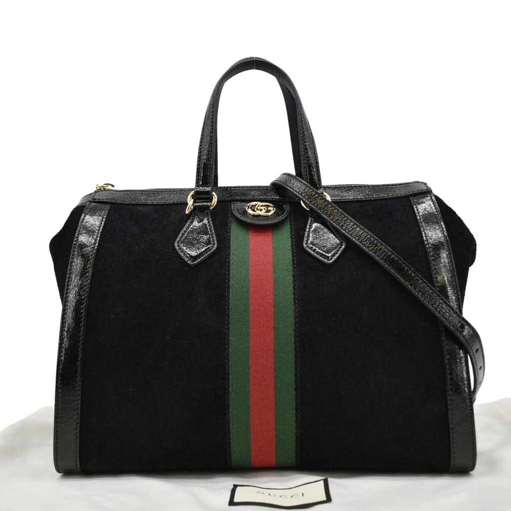 GUCCI Ophidia  Medium Web Suede Tote Bag Black 524537
