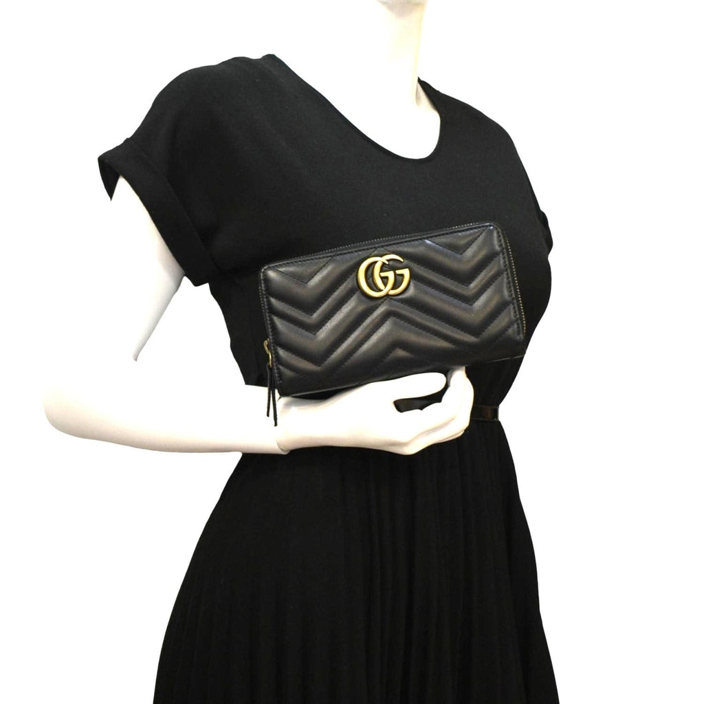 GUCCI GG Marmont Matelasse Chevron Leather Zip Around Wallet Black 443123