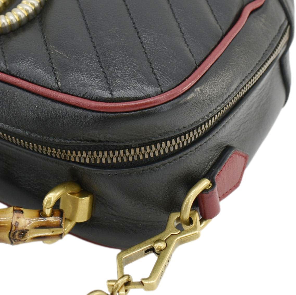 GUCCI GG Marmont Diagonal Leather Bamboo Top Handle Crossbody Bag Black 602270