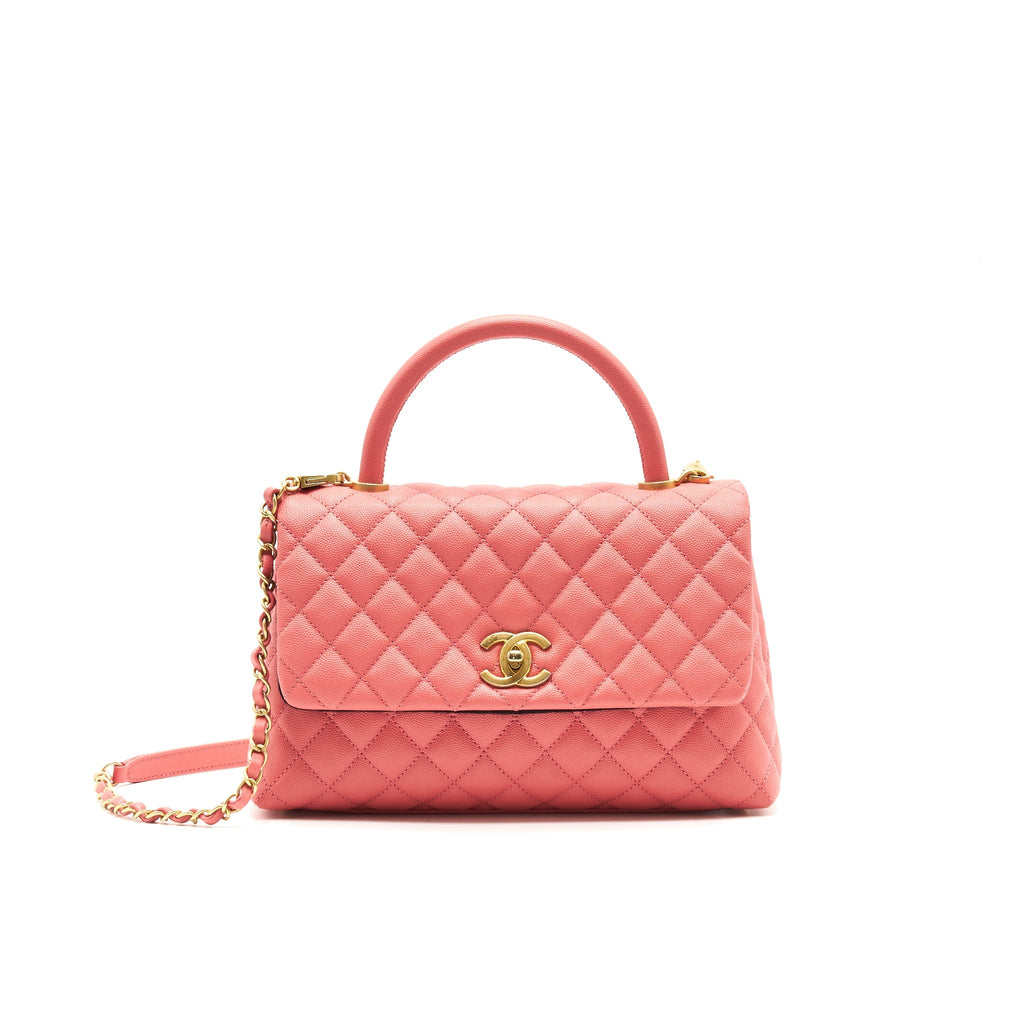 CHANEL SMALL COCO HANDLE FLAP BAG GRAINED CALFSKIN IN CORAL PINK