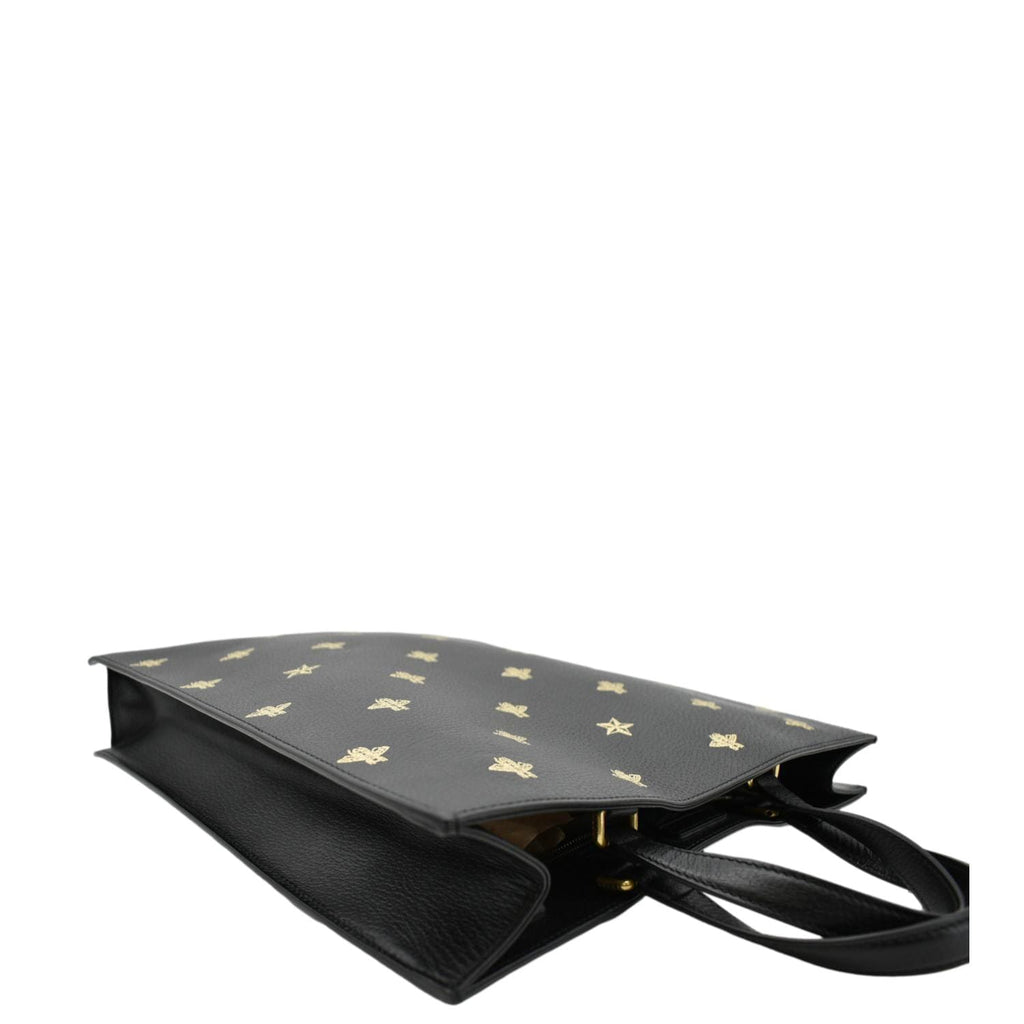GUCCI Bee Star Grained Calfskin Leather Vertical Tote Black 495444