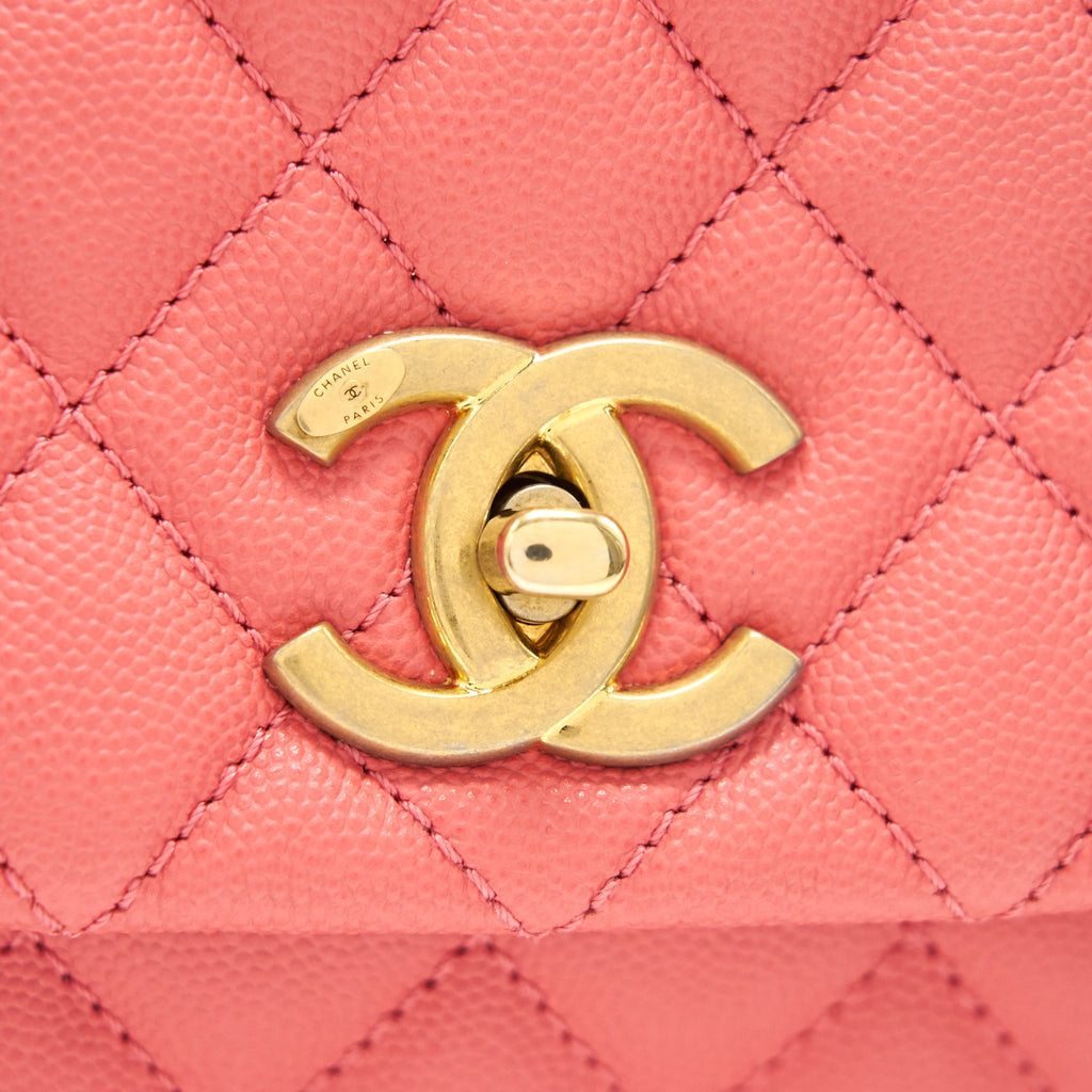 CHANEL SMALL COCO HANDLE FLAP BAG GRAINED CALFSKIN IN CORAL PINK