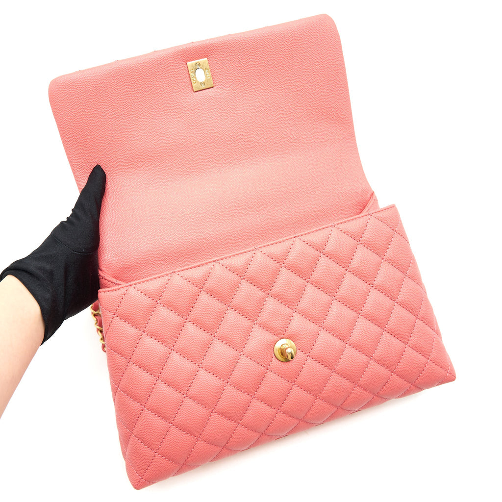 CHANEL SMALL COCO HANDLE FLAP BAG GRAINED CALFSKIN IN CORAL PINK