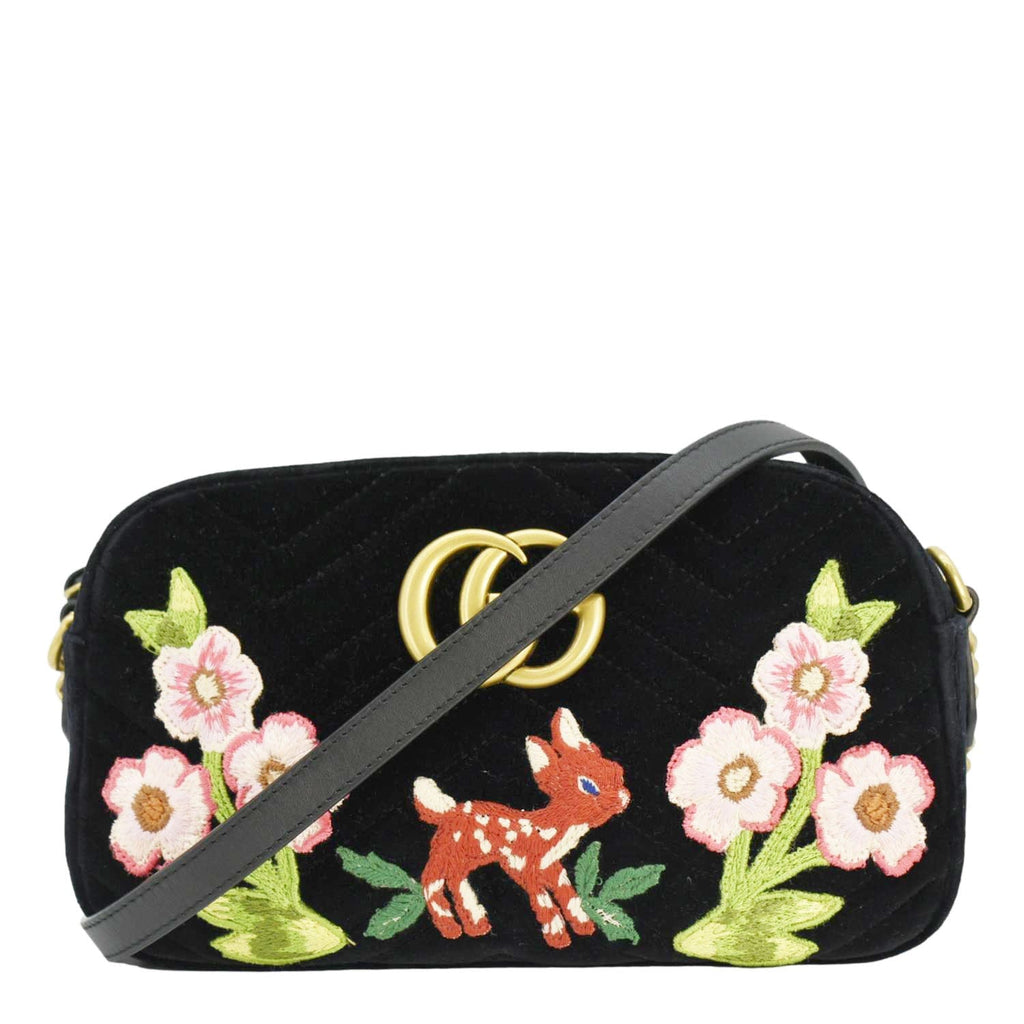 GUCCI GG Marmont Small Matelasse Deer Embroidered Velvet Camera Bag Black