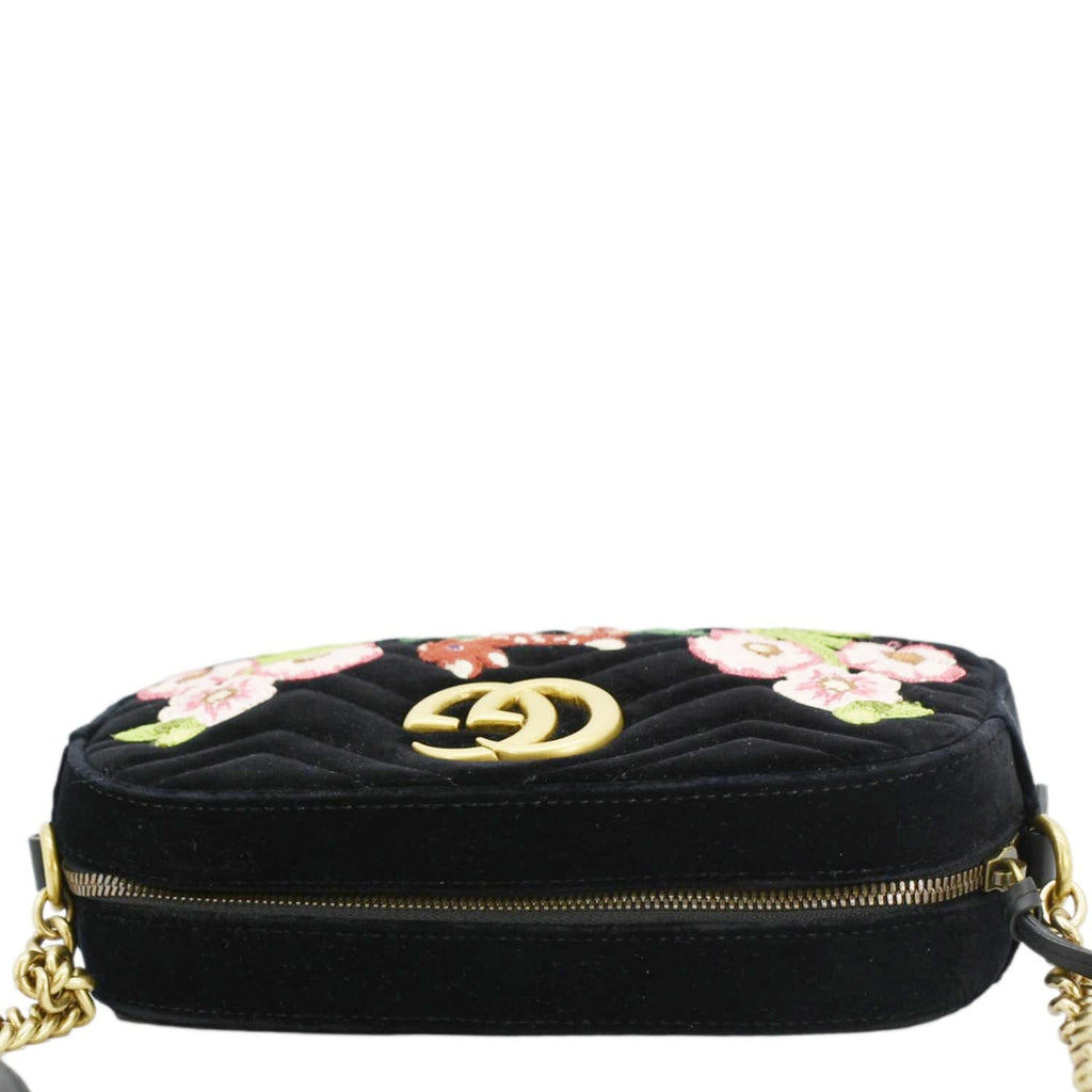 GUCCI GG Marmont Small Matelasse Deer Embroidered Velvet Camera Bag Black