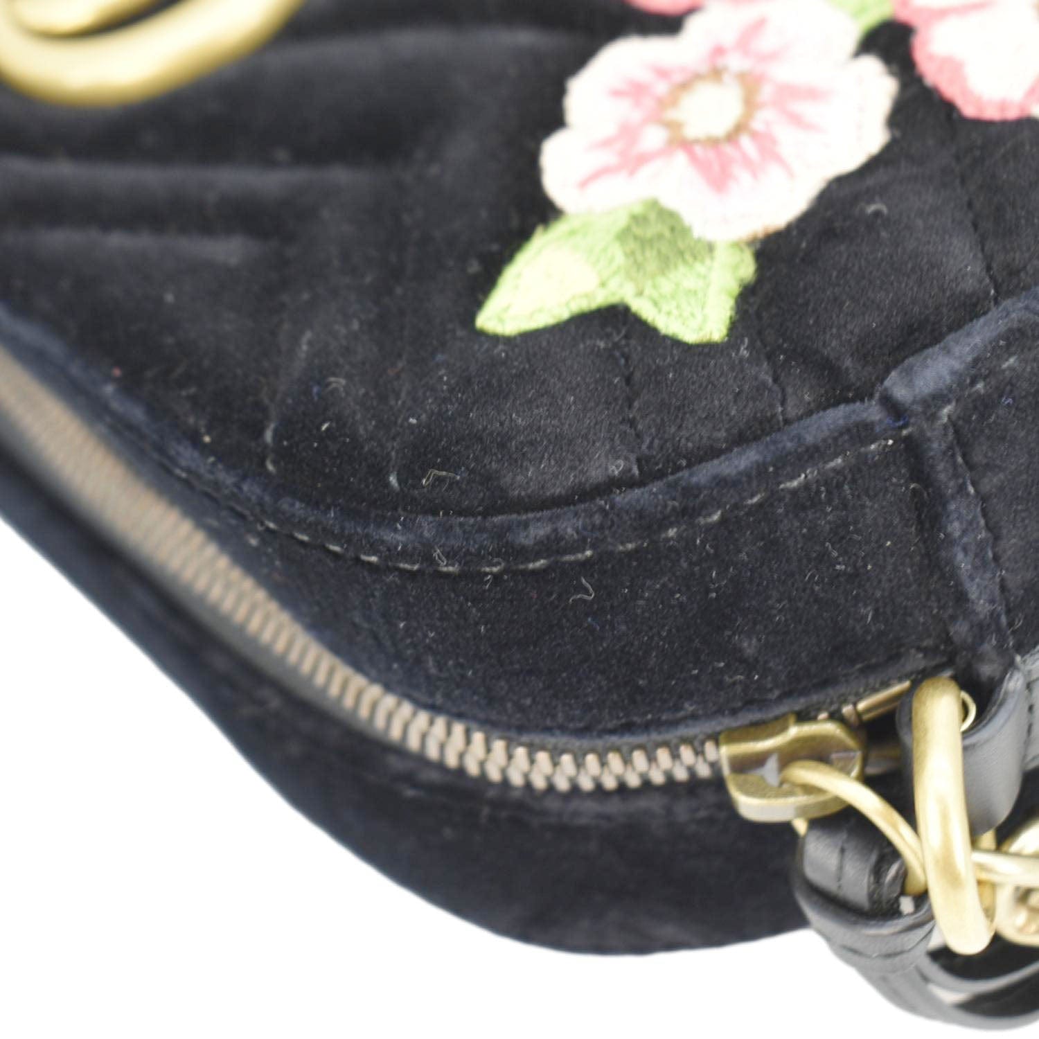 GUCCI GG Marmont Small Matelasse Deer Embroidered Velvet Camera Bag Black
